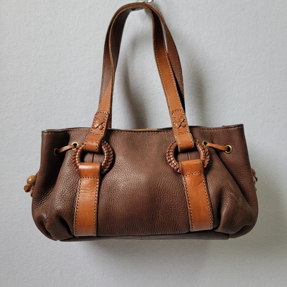 Fossil Brown Leather Floral Embossed Satchel with Tan Straps - Picture 2 of 13